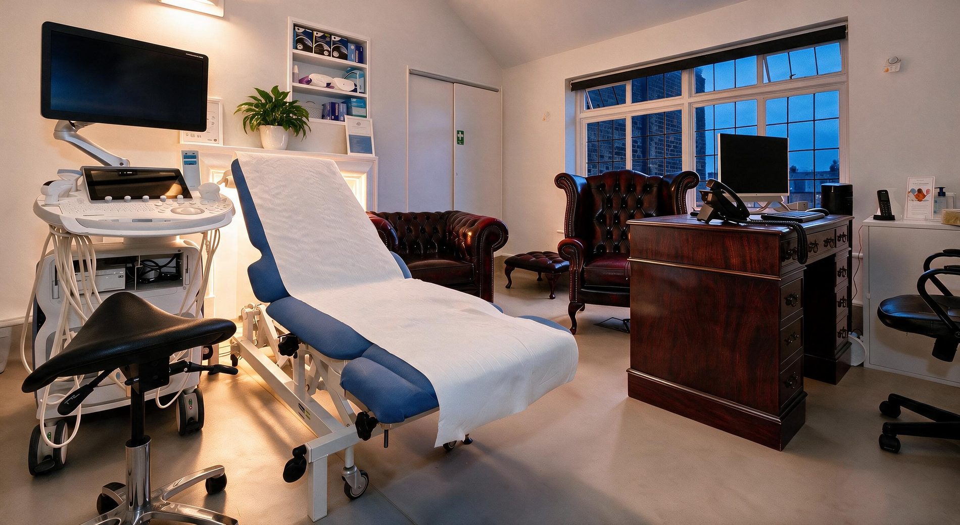 Ultrasound scanning room with machine, couch and Chesterfield sofa